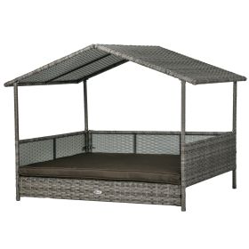 Outdoor Dog Bed with Canopy, Rattan Dog Bed with Soft Cushion Removable Cover for Medium and Large Dogs, Charcoal Gray
